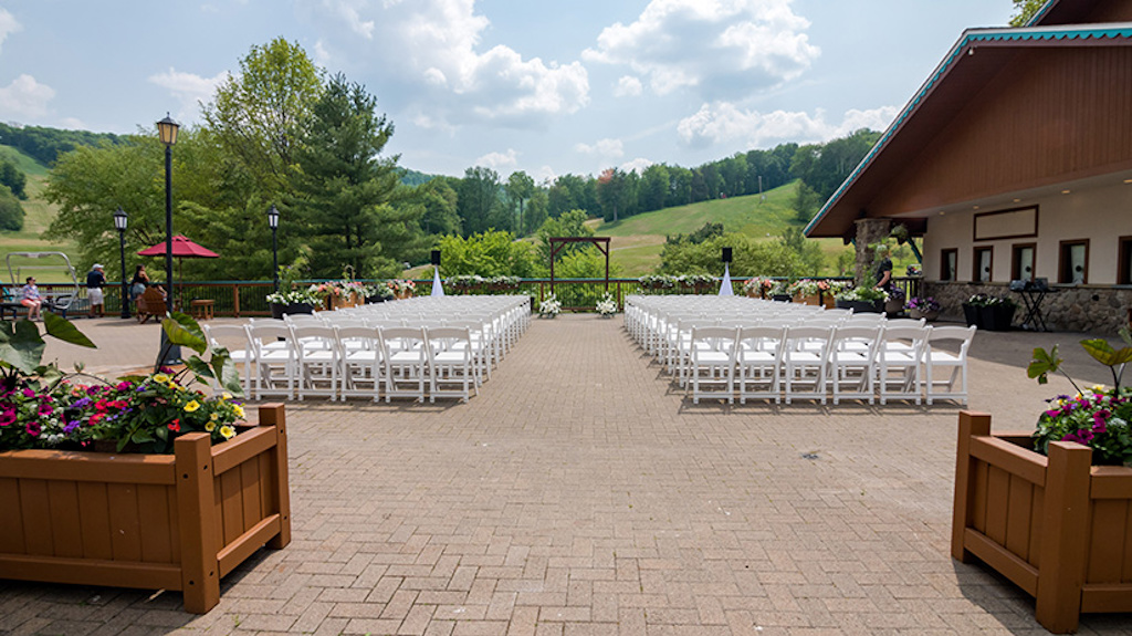 The outdoor wedding venue at the Main Lodge at Holiday Valley on a sunny day. 